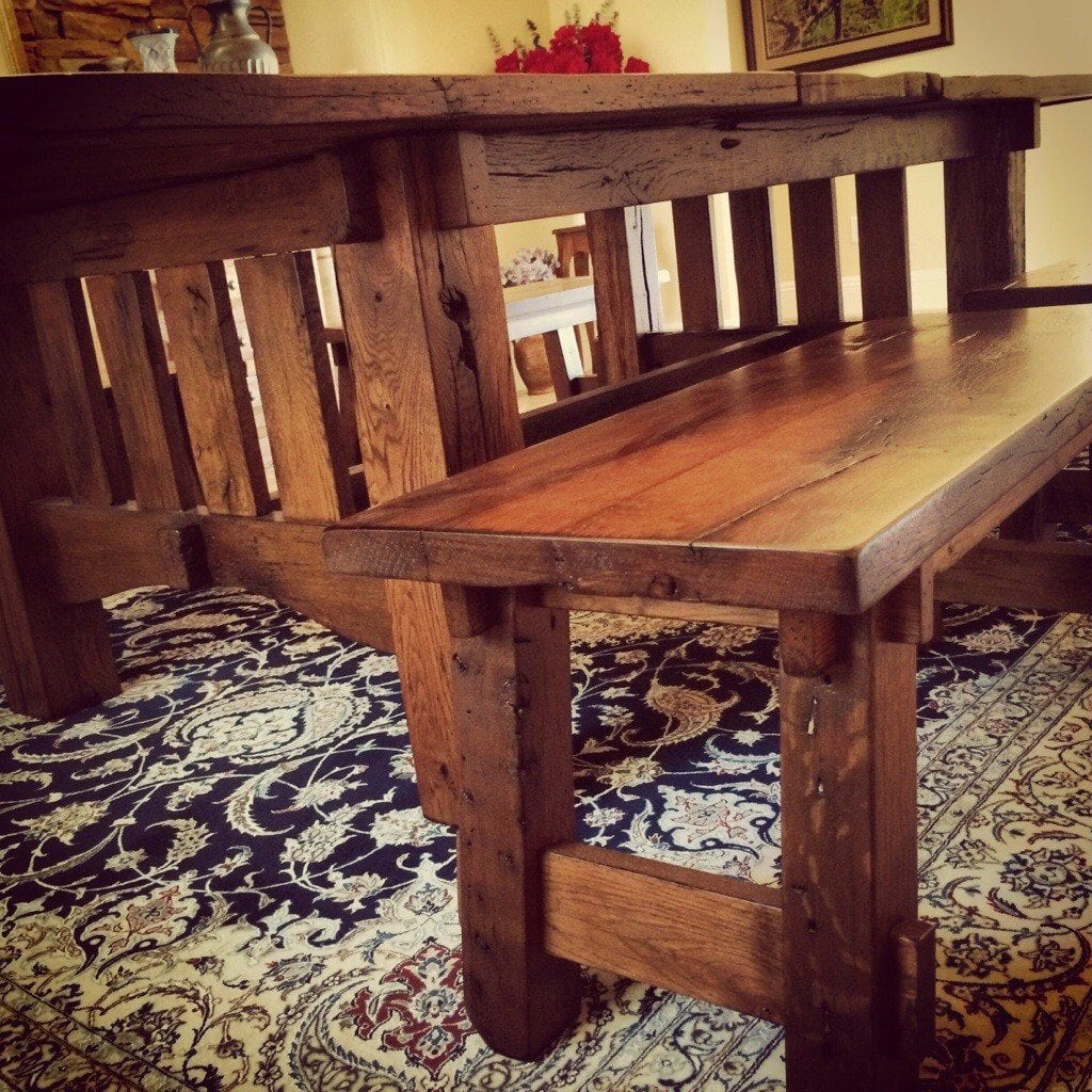 Mission Style Reclaimed White Oak Table/Benches with Leaf