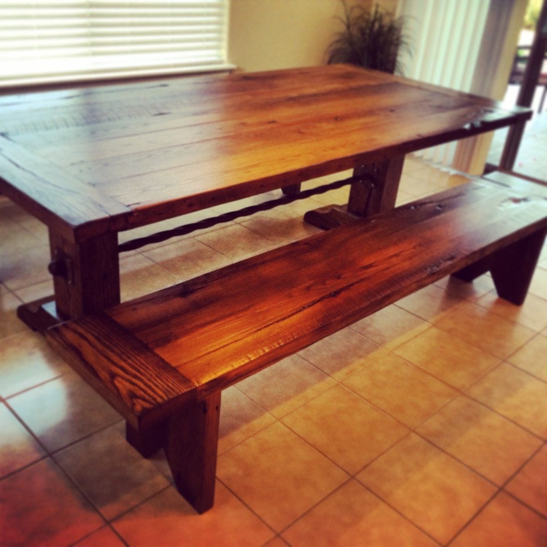 Reclaimed Oak/Ash Table/Benches with Twisted Steel Accent