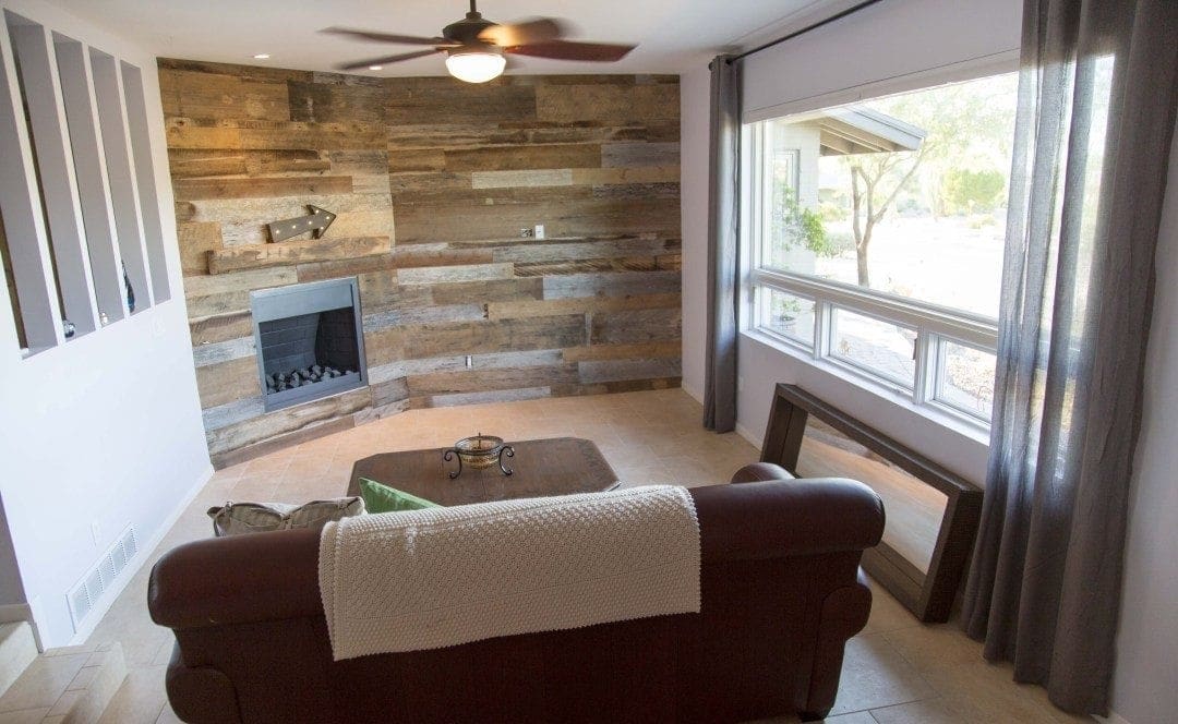 Reclaimed Oak Mantel and Tobacco Barn Wood Wall Covering
