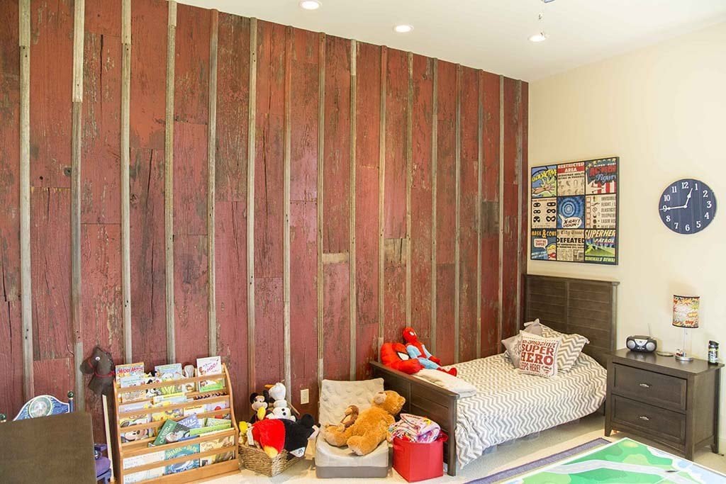 Distressed Red Reclaimed Board and Batten Wood Wall Covering