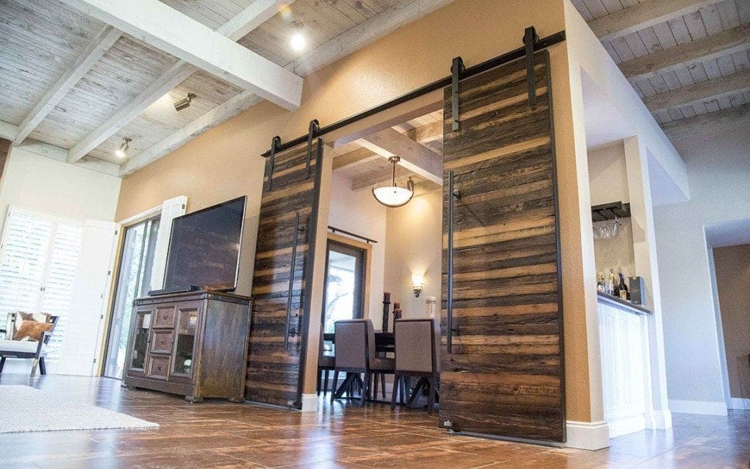 Horizontal Slatted Speckled Black Bi-Part Sliding Barn Doors with 3 Tone Van Dyke Brown