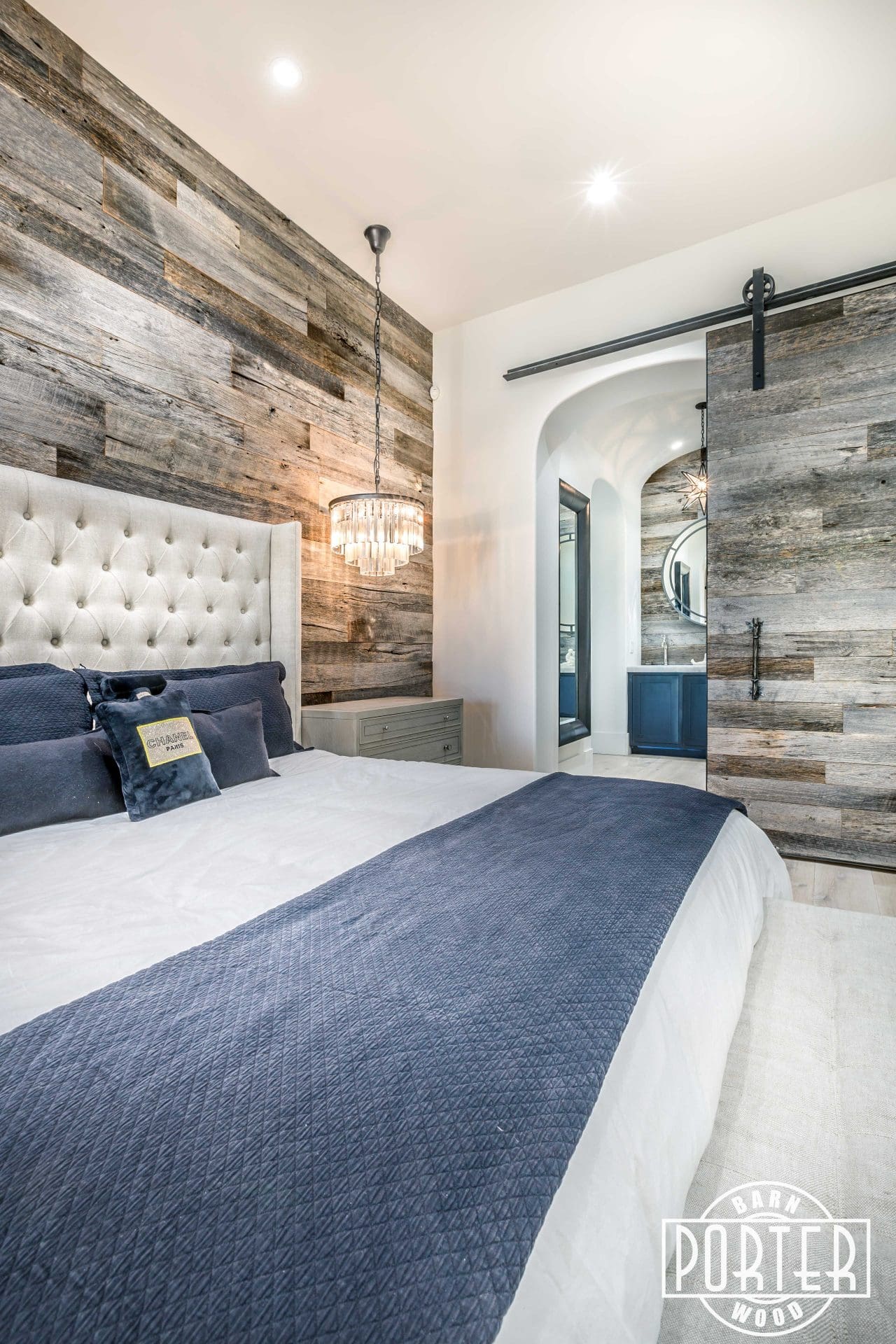 PBW: Tobacco Barn Grey Wood Wall - Master Bedroom