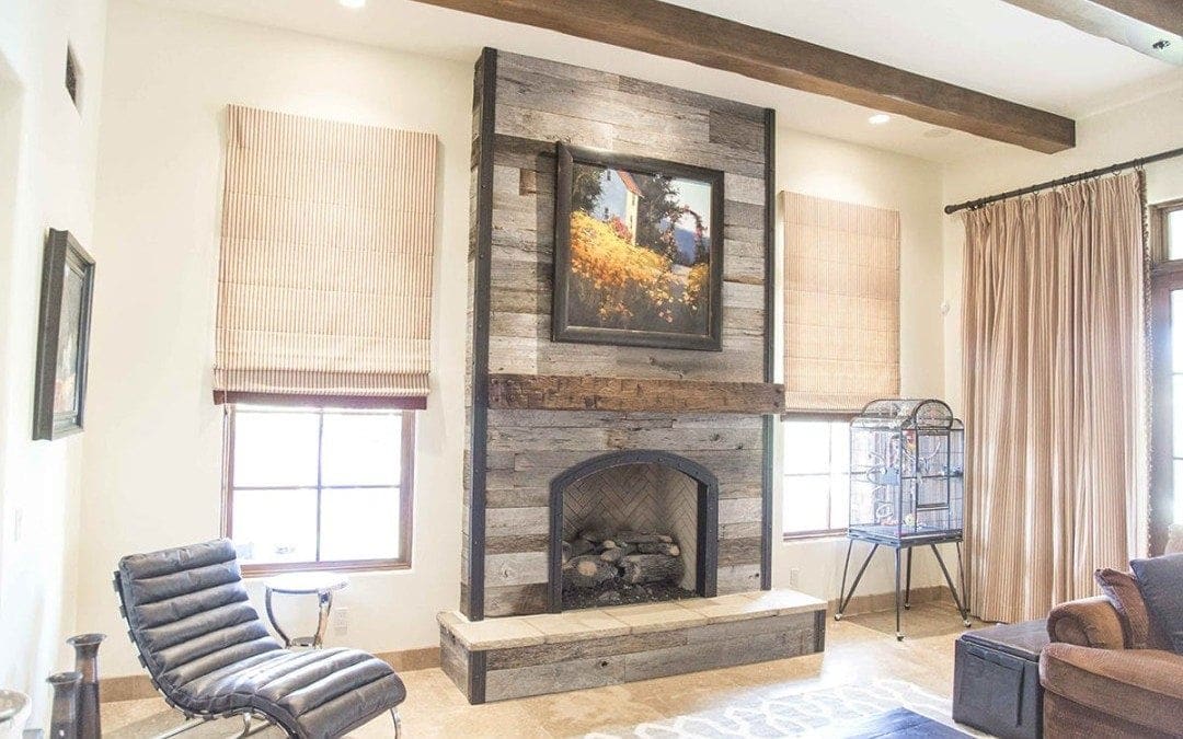 Tobacco Barn Grey Fireplace Wood Wall W/ Steel Trim