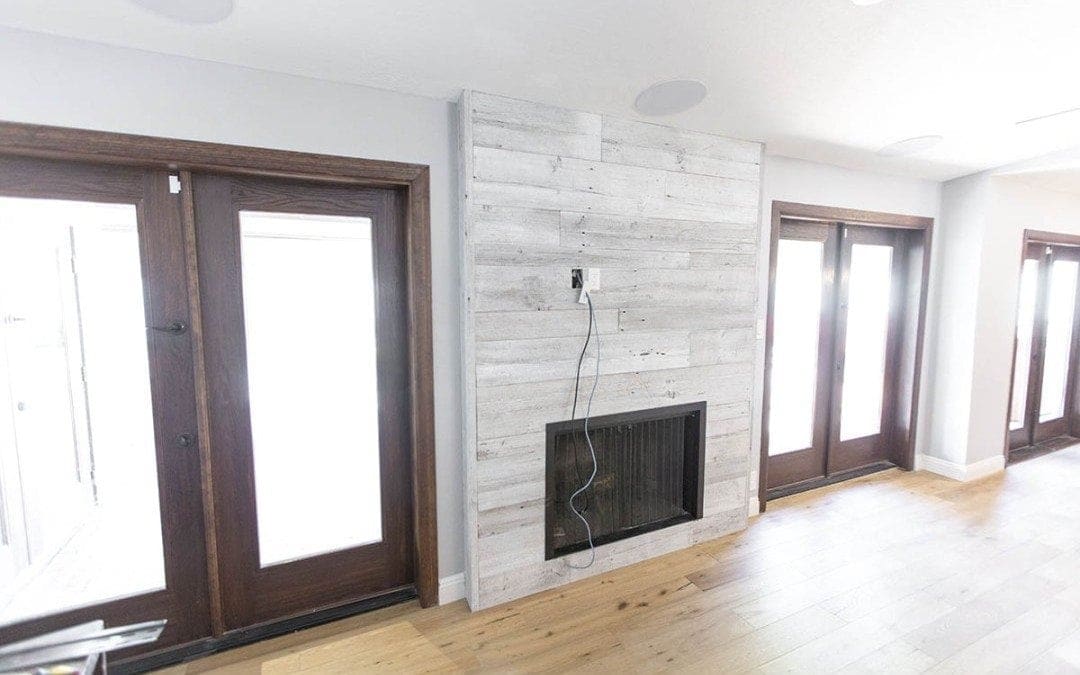 Distressed White Iowa Pine Wood Wall w/ Steel Fireplace Frame