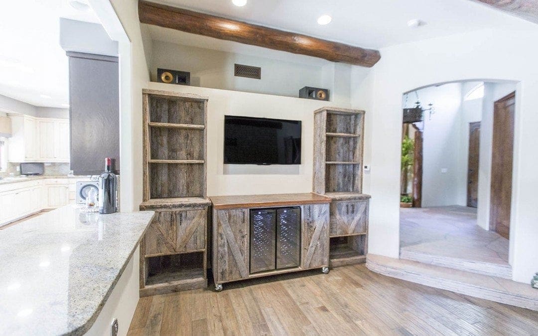 Reclaimed Tobacco Barn Grey Cabinets w/ Rolling Bar Cart