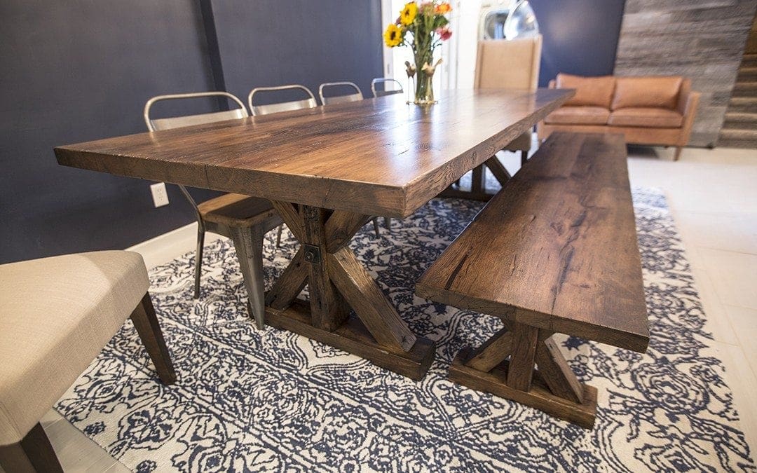 Reclaimed Mixed Hardwoods Table & Bench with Wrapped Box Beam