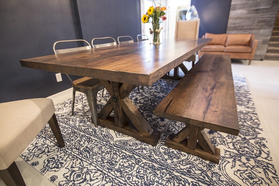 Reclaimed Mixed Hardwoods Table & Bench with Wrapped Box Beam