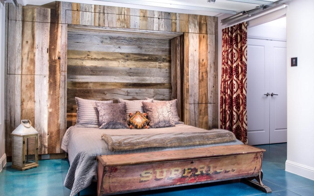 Mixed Tobacco Barn Grey/Brown Wood Wall + Murphy Bed + Dog Murphy Bed + Cabinets