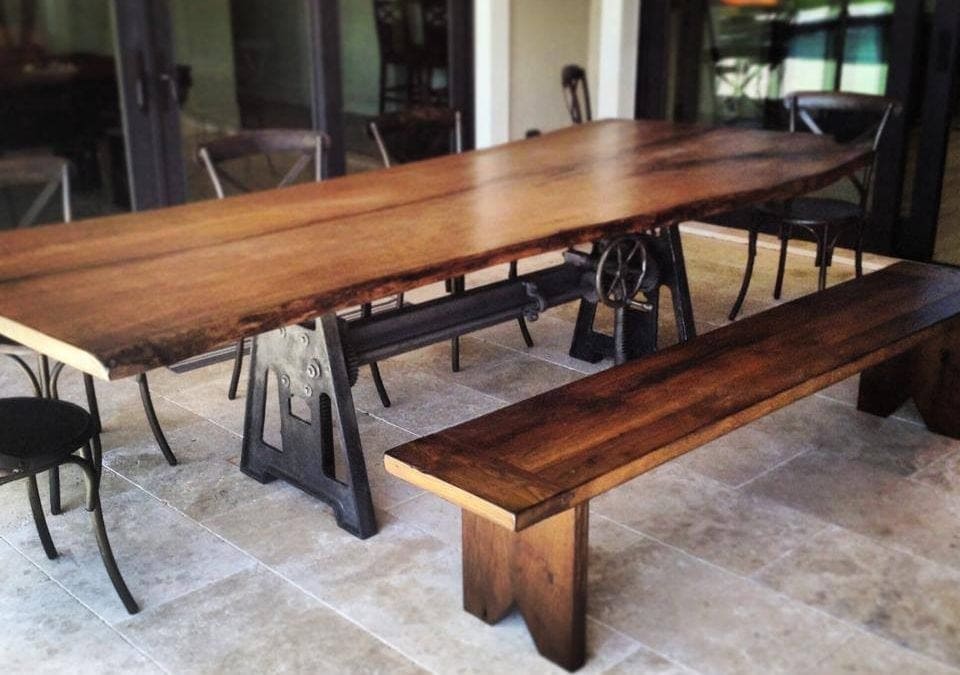 Live Edge Oak Slab with Crank Base and Reclaimed Wood Bench