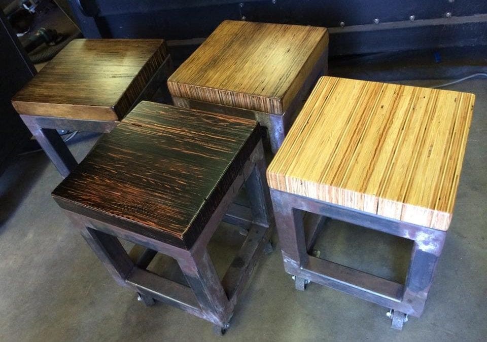 Rolling Steel Seats with Zebra Stripe Plywood Tops