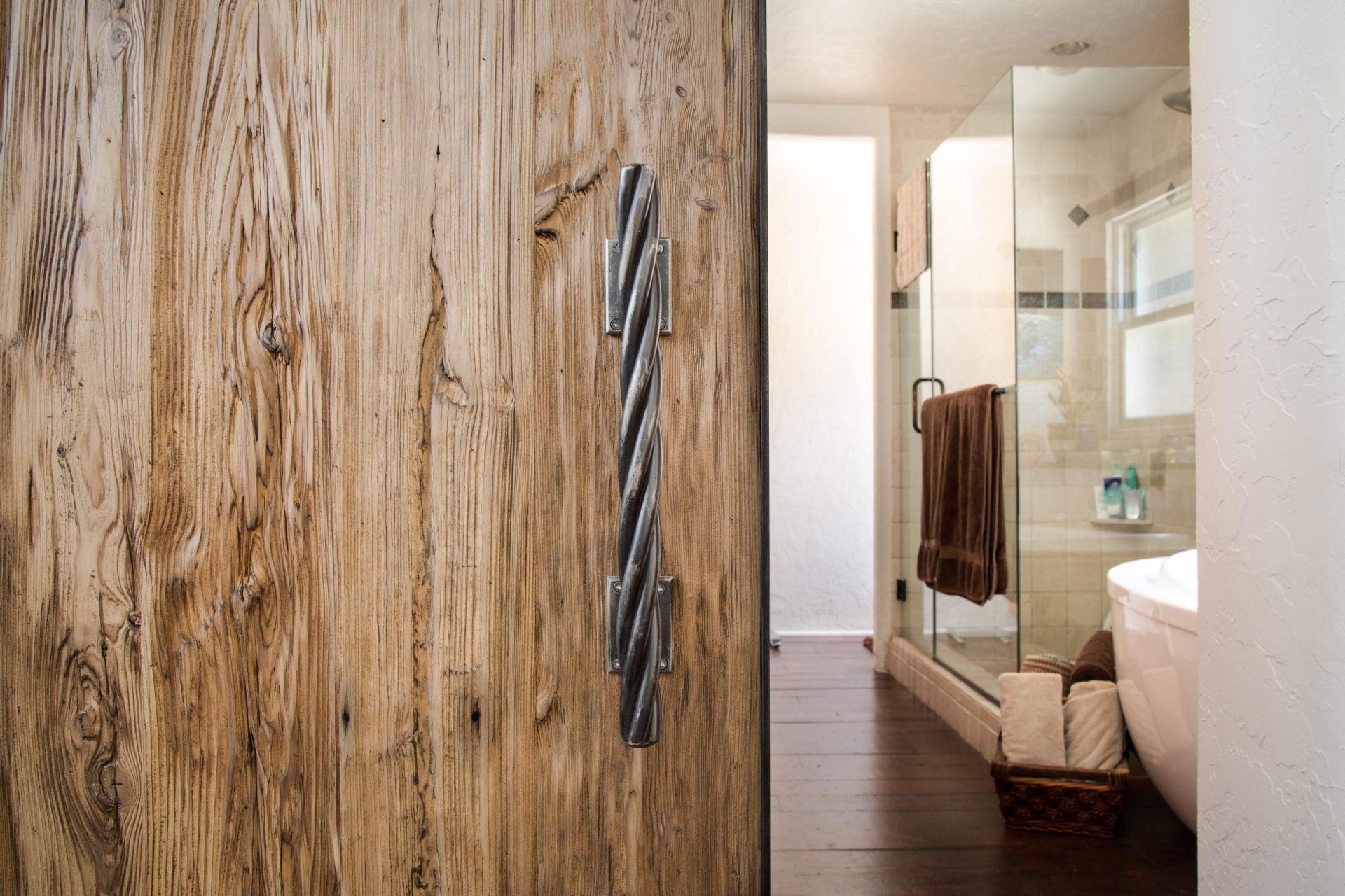Master Bathroom Mushroom Wood Door | Porter Barn Wood
