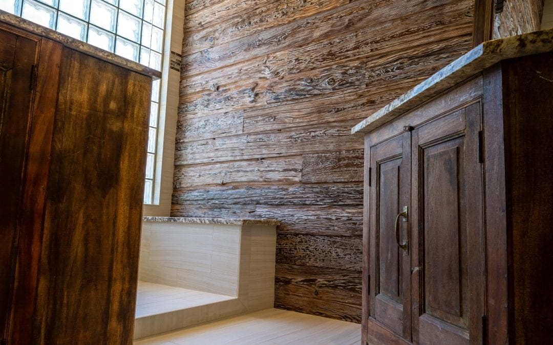 Reclaimed Mushroom Wood Bathroom Wall