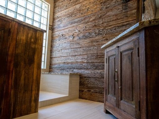 Reclaimed Mushroom Wood Bathroom Wall