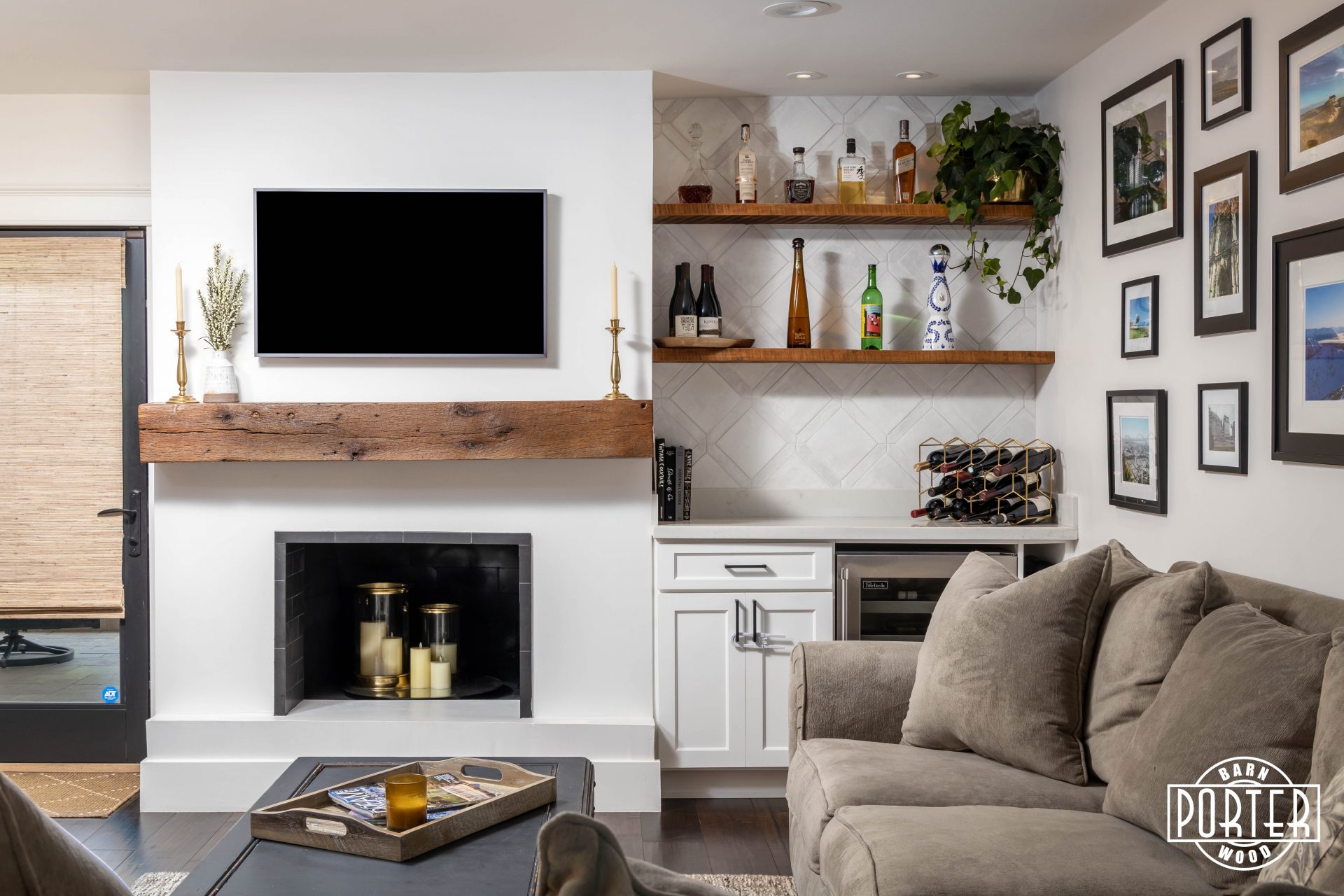 living room mantel decor with tv
