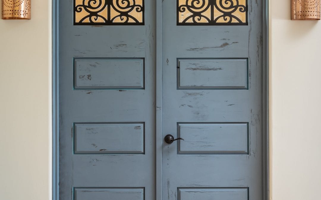 Alder Doors with Blue Finish & Iron Fabrication