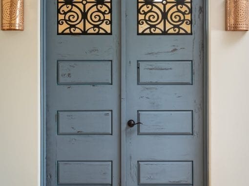 Alder Doors with Blue Finish & Iron Fabrication