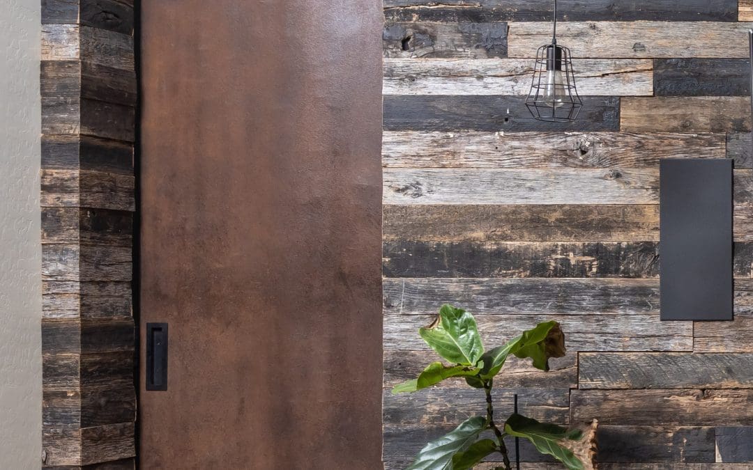 Metal Door & Speckled Black Wood Wall