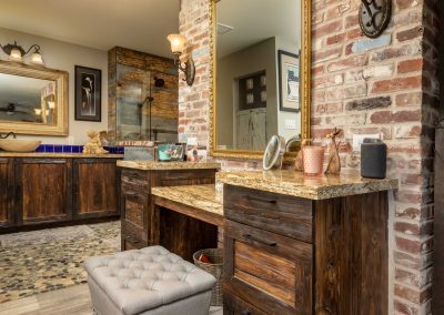 Mushroom Wood Cabinets & Reclaimed Brick Bathroom