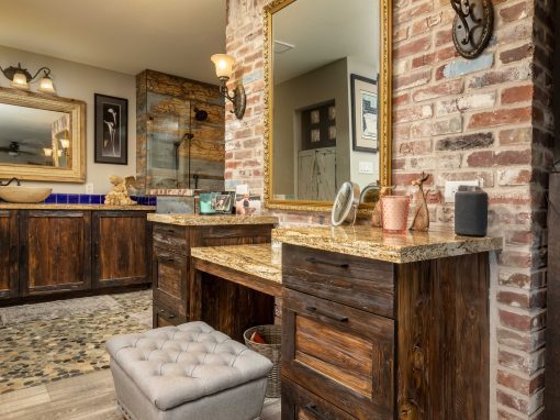 Mushroom Wood Cabinets & Reclaimed Brick Bathroom