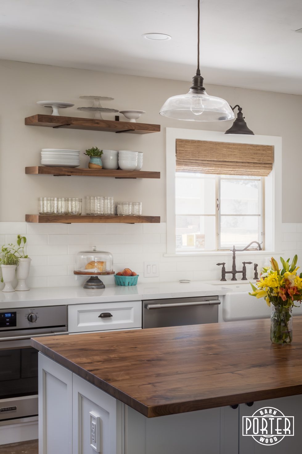 Walnut Kitchen Island & Open Shelves Porter Barn Wood