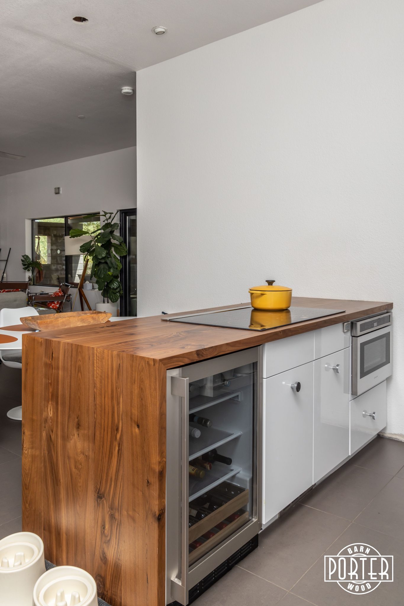 Walnut Waterfall Island & Open Shelves Porter Barn Wood