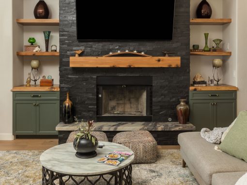 Living Room Mantel, Shelves & Live Edge Tops