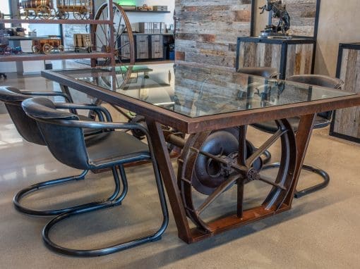 Custom Fabricated Steel and Reclaimed Metal Table With A Glass Top