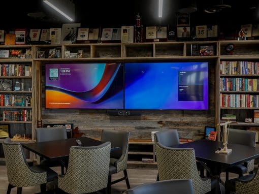 Library Shelves, entertainment, and Seating Area